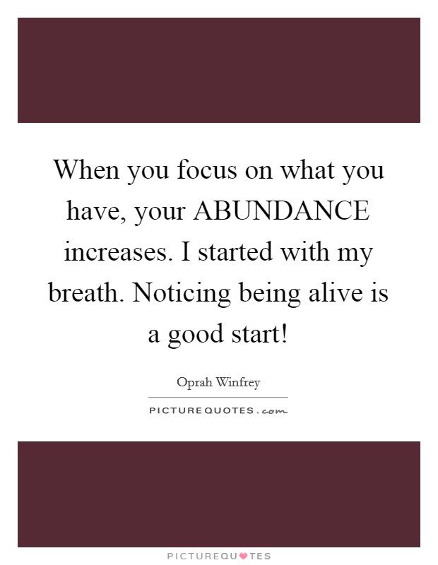 When you focus on what you have, your ABUNDANCE increases. I started with my breath. Noticing being alive is a good start! Picture Quote #1