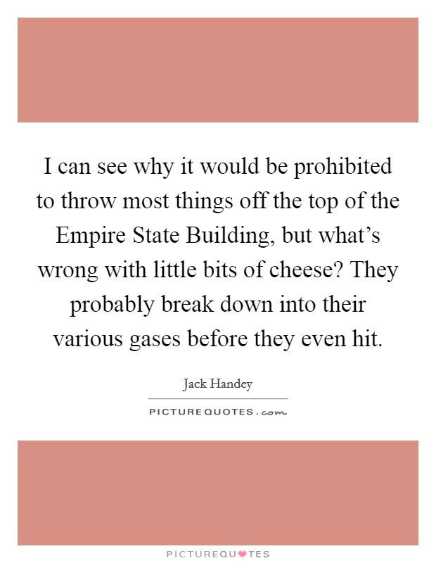I can see why it would be prohibited to throw most things off the top of the Empire State Building, but what's wrong with little bits of cheese? They probably break down into their various gases before they even hit Picture Quote #1