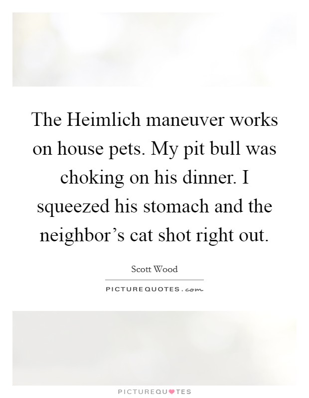The Heimlich maneuver works on house pets. My pit bull was choking on his dinner. I squeezed his stomach and the neighbor's cat shot right out Picture Quote #1
