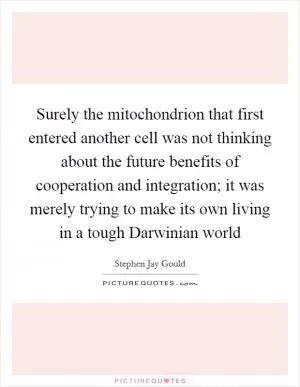 Surely the mitochondrion that first entered another cell was not thinking about the future benefits of cooperation and integration; it was merely trying to make its own living in a tough Darwinian world Picture Quote #1