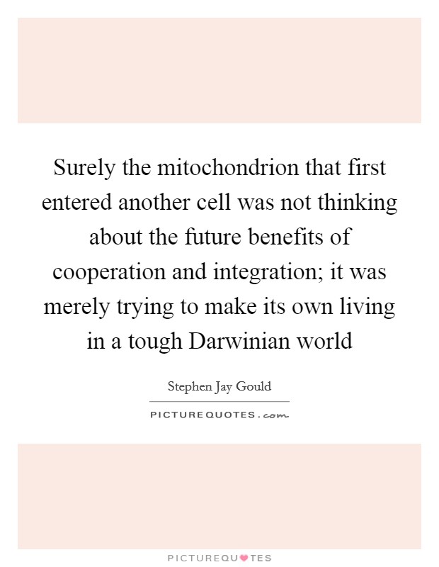 Surely the mitochondrion that first entered another cell was not thinking about the future benefits of cooperation and integration; it was merely trying to make its own living in a tough Darwinian world Picture Quote #1
