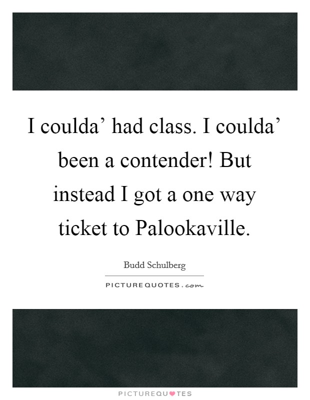I coulda' had class. I coulda' been a contender! But instead I got a one way ticket to Palookaville Picture Quote #1