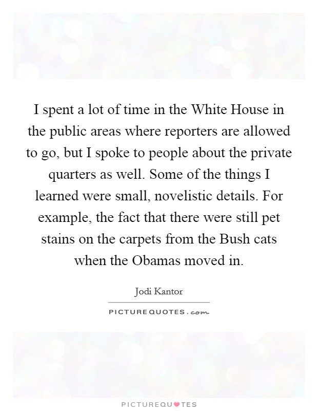 I spent a lot of time in the White House in the public areas where reporters are allowed to go, but I spoke to people about the private quarters as well. Some of the things I learned were small, novelistic details. For example, the fact that there were still pet stains on the carpets from the Bush cats when the Obamas moved in Picture Quote #1