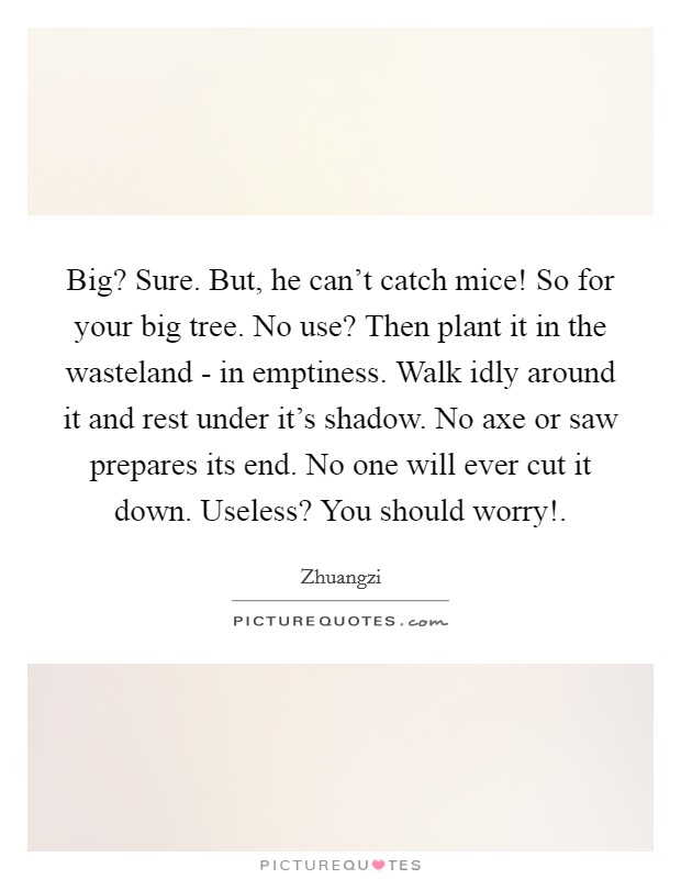 Big? Sure. But, he can't catch mice! So for your big tree. No use? Then plant it in the wasteland - in emptiness. Walk idly around it and rest under it's shadow. No axe or saw prepares its end. No one will ever cut it down. Useless? You should worry! Picture Quote #1