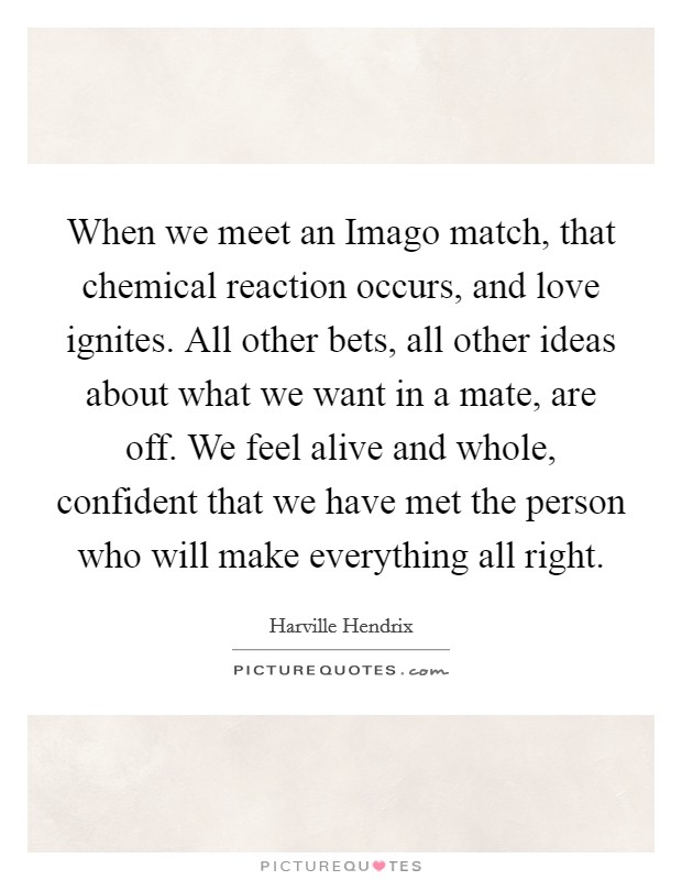 When we meet an Imago match, that chemical reaction occurs, and love ignites. All other bets, all other ideas about what we want in a mate, are off. We feel alive and whole, confident that we have met the person who will make everything all right Picture Quote #1