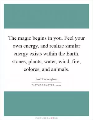 The magic begins in you. Feel your own energy, and realize similar energy exists within the Earth, stones, plants, water, wind, fire, colores, and animals Picture Quote #1