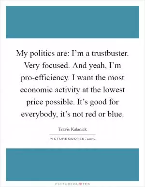 My politics are: I’m a trustbuster. Very focused. And yeah, I’m pro-efficiency. I want the most economic activity at the lowest price possible. It’s good for everybody, it’s not red or blue Picture Quote #1