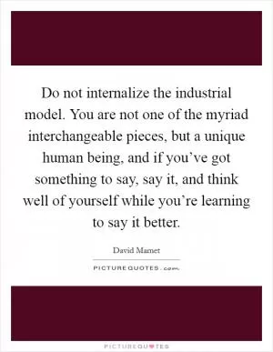 Do not internalize the industrial model. You are not one of the myriad interchangeable pieces, but a unique human being, and if you’ve got something to say, say it, and think well of yourself while you’re learning to say it better Picture Quote #1
