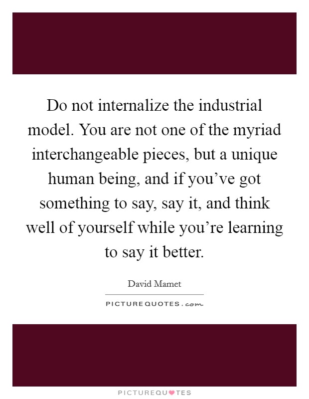 Do not internalize the industrial model. You are not one of the myriad interchangeable pieces, but a unique human being, and if you've got something to say, say it, and think well of yourself while you're learning to say it better Picture Quote #1