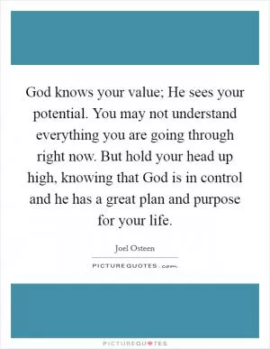 God knows your value; He sees your potential. You may not understand everything you are going through right now. But hold your head up high, knowing that God is in control and he has a great plan and purpose for your life Picture Quote #1