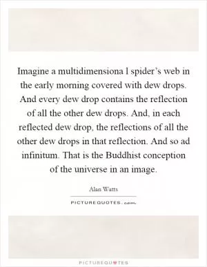 Imagine a multidimensiona l spider’s web in the early morning covered with dew drops. And every dew drop contains the reflection of all the other dew drops. And, in each reflected dew drop, the reflections of all the other dew drops in that reflection. And so ad infinitum. That is the Buddhist conception of the universe in an image Picture Quote #1