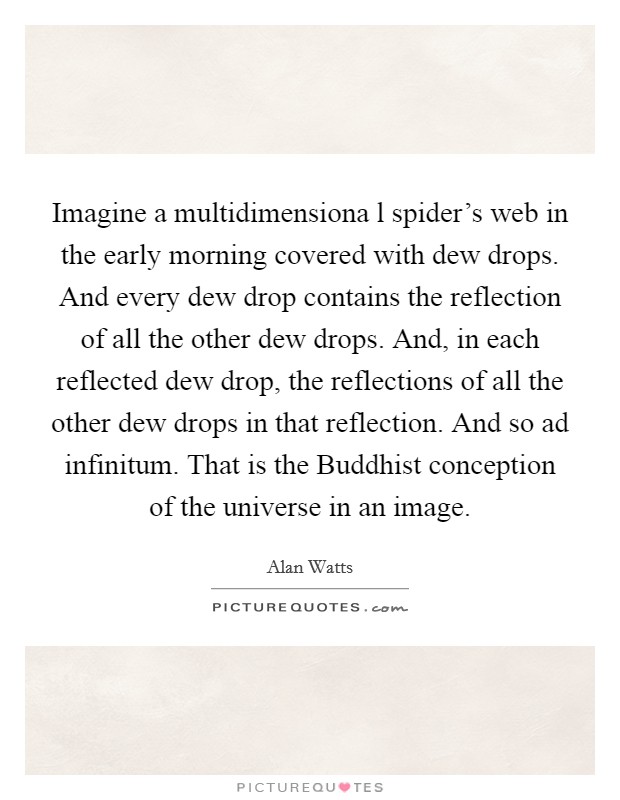 Imagine a multidimensiona l spider's web in the early morning covered with dew drops. And every dew drop contains the reflection of all the other dew drops. And, in each reflected dew drop, the reflections of all the other dew drops in that reflection. And so ad infinitum. That is the Buddhist conception of the universe in an image Picture Quote #1