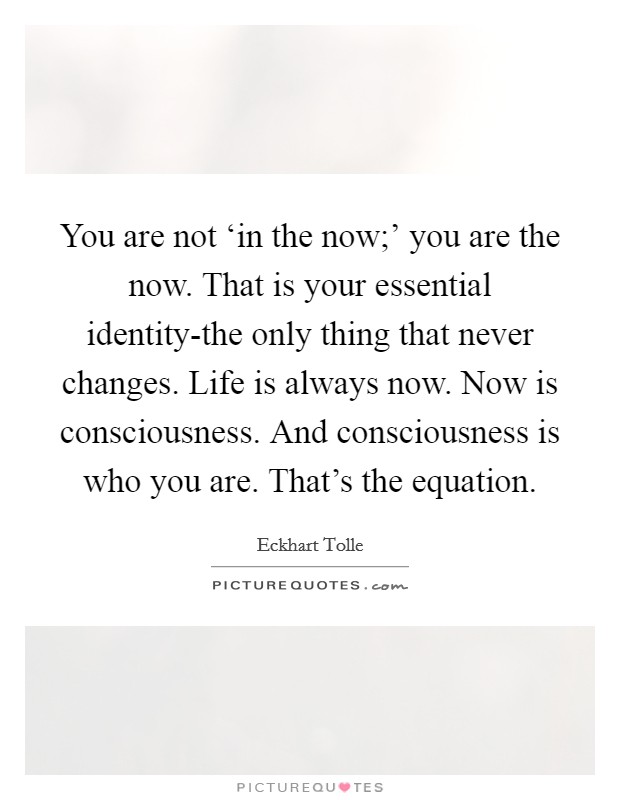 You are not ‘in the now;' you are the now. That is your essential identity-the only thing that never changes. Life is always now. Now is consciousness. And consciousness is who you are. That's the equation Picture Quote #1