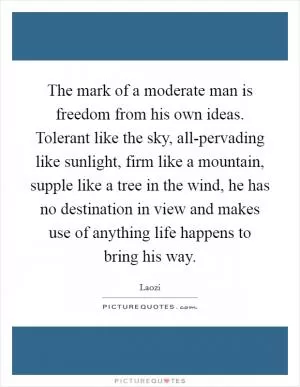 The mark of a moderate man is freedom from his own ideas. Tolerant like the sky, all-pervading like sunlight, firm like a mountain, supple like a tree in the wind, he has no destination in view and makes use of anything life happens to bring his way Picture Quote #1