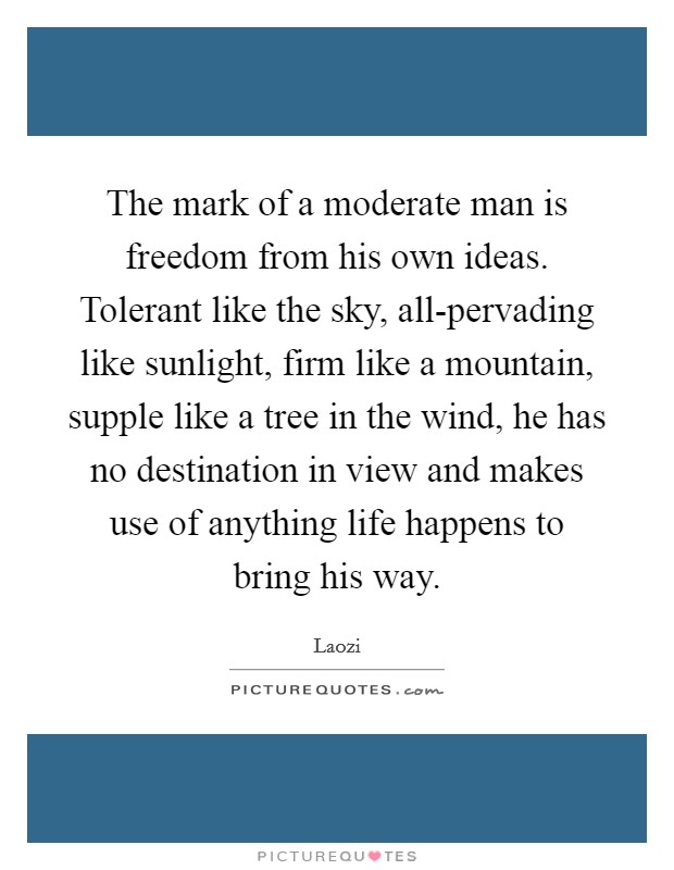 The mark of a moderate man is freedom from his own ideas. Tolerant like the sky, all-pervading like sunlight, firm like a mountain, supple like a tree in the wind, he has no destination in view and makes use of anything life happens to bring his way Picture Quote #1