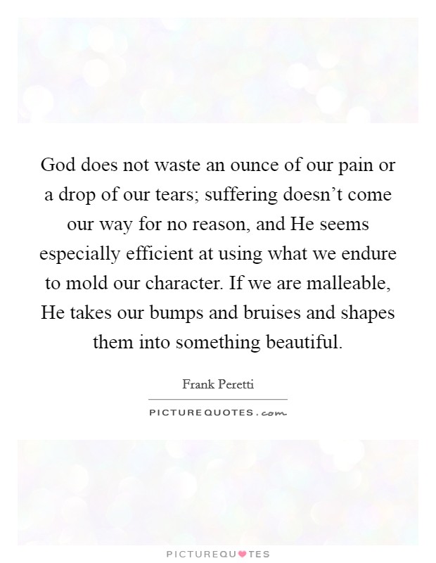 God does not waste an ounce of our pain or a drop of our tears; suffering doesn't come our way for no reason, and He seems especially efficient at using what we endure to mold our character. If we are malleable, He takes our bumps and bruises and shapes them into something beautiful Picture Quote #1