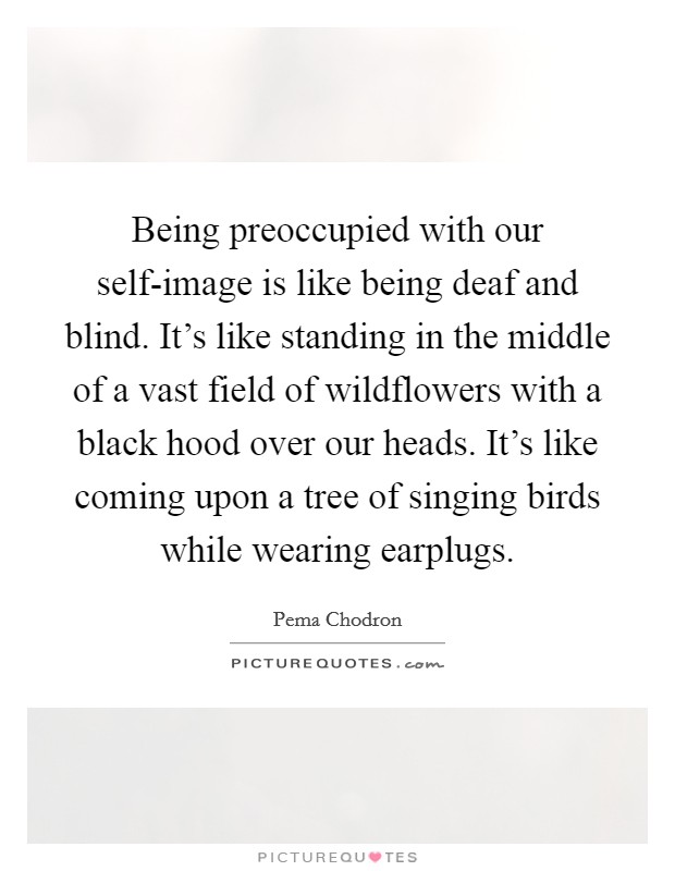 Being preoccupied with our self-image is like being deaf and blind. It's like standing in the middle of a vast field of wildflowers with a black hood over our heads. It's like coming upon a tree of singing birds while wearing earplugs Picture Quote #1