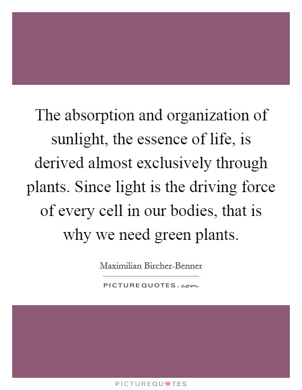 The absorption and organization of sunlight, the essence of life, is derived almost exclusively through plants. Since light is the driving force of every cell in our bodies, that is why we need green plants Picture Quote #1