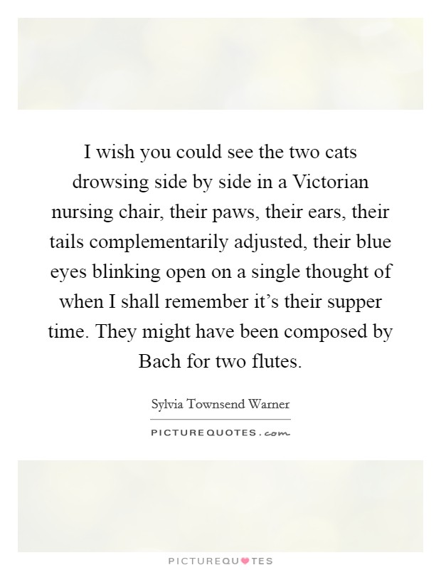 I wish you could see the two cats drowsing side by side in a Victorian nursing chair, their paws, their ears, their tails complementarily adjusted, their blue eyes blinking open on a single thought of when I shall remember it's their supper time. They might have been composed by Bach for two flutes Picture Quote #1