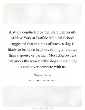 A study conducted by the State University of New York at Buffalo Medical School suggested that in times of stress a dog is likely to be more help in calming you down than a spouse or partner. Most dog owners can guess the reason why: dogs never judge us and never compete with us Picture Quote #1