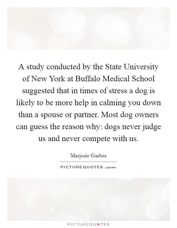 A study conducted by the State University of New York at Buffalo Medical School suggested that in times of stress a dog is likely to be more help in calming you down than a spouse or partner. Most dog owners can guess the reason why: dogs never judge us and never compete with us Picture Quote #1