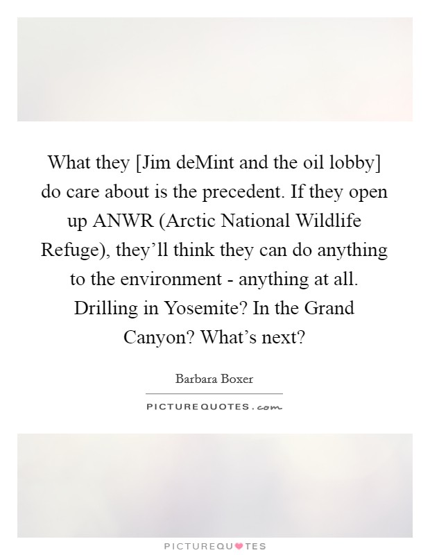 What they [Jim deMint and the oil lobby] do care about is the precedent. If they open up ANWR (Arctic National Wildlife Refuge), they'll think they can do anything to the environment - anything at all. Drilling in Yosemite? In the Grand Canyon? What's next? Picture Quote #1