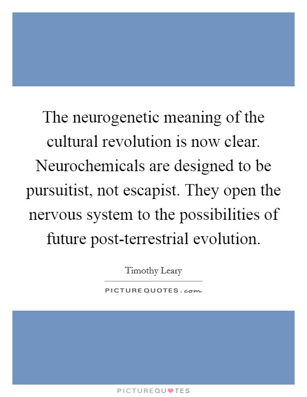 The neurogenetic meaning of the cultural revolution is now clear. Neurochemicals are designed to be pursuitist, not escapist. They open the nervous system to the possibilities of future post-terrestrial evolution Picture Quote #1
