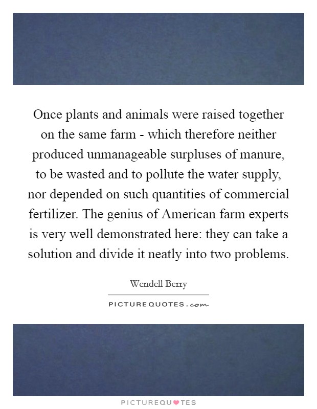 Once plants and animals were raised together on the same farm - which therefore neither produced unmanageable surpluses of manure, to be wasted and to pollute the water supply, nor depended on such quantities of commercial fertilizer. The genius of American farm experts is very well demonstrated here: they can take a solution and divide it neatly into two problems Picture Quote #1