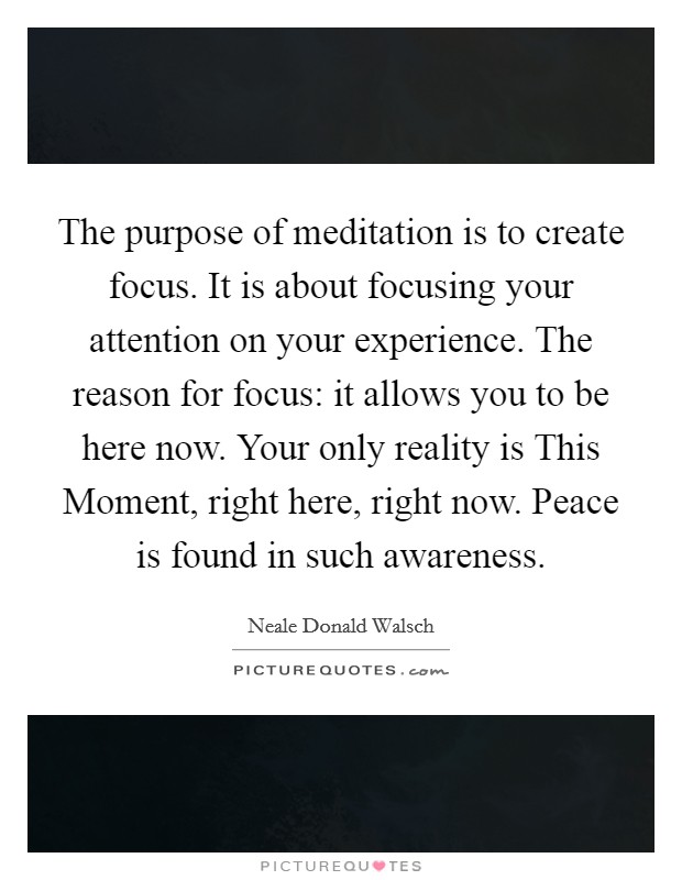 The purpose of meditation is to create focus. It is about focusing your attention on your experience. The reason for focus: it allows you to be here now. Your only reality is This Moment, right here, right now. Peace is found in such awareness Picture Quote #1