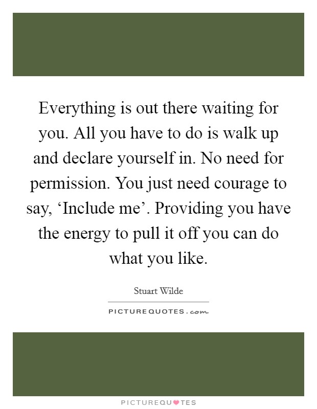 Everything is out there waiting for you. All you have to do is walk up and declare yourself in. No need for permission. You just need courage to say, ‘Include me'. Providing you have the energy to pull it off you can do what you like Picture Quote #1