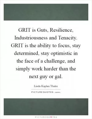 GRIT is Guts, Resilience, Industriousness and Tenacity. GRIT is the ability to focus, stay determined, stay optimistic in the face of a challenge, and simply work harder than the next guy or gal Picture Quote #1