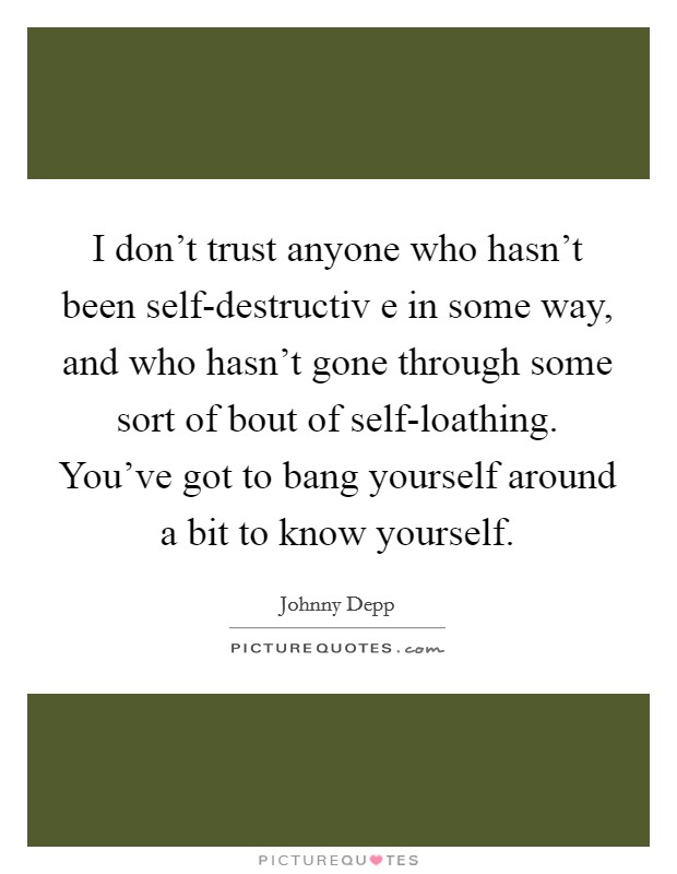 I don't trust anyone who hasn't been self-destructiv e in some way, and who hasn't gone through some sort of bout of self-loathing. You've got to bang yourself around a bit to know yourself Picture Quote #1