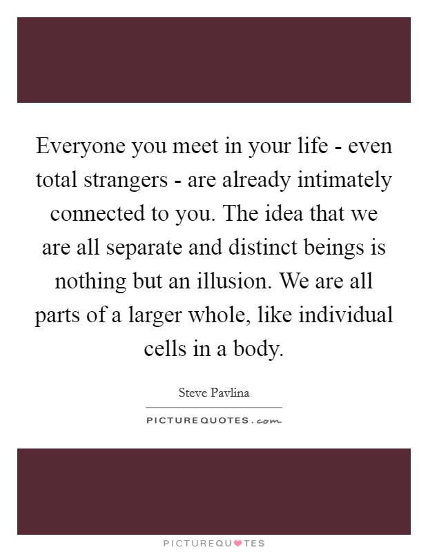 Everyone you meet in your life - even total strangers - are already intimately connected to you. The idea that we are all separate and distinct beings is nothing but an illusion. We are all parts of a larger whole, like individual cells in a body Picture Quote #1