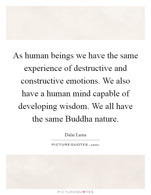 As human beings we have the same experience of destructive and constructive emotions. We also have a human mind capable of developing wisdom. We all have the same Buddha nature Picture Quote #1