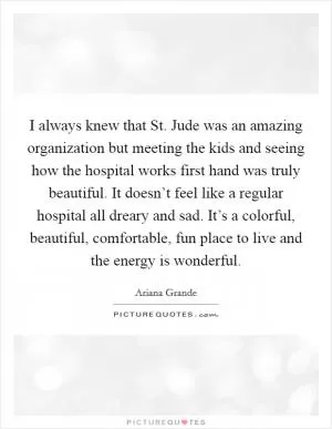I always knew that St. Jude was an amazing organization but meeting the kids and seeing how the hospital works first hand was truly beautiful. It doesn’t feel like a regular hospital all dreary and sad. It’s a colorful, beautiful, comfortable, fun place to live and the energy is wonderful Picture Quote #1