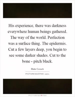 His experience, there was darkness everywhere human beings gathered. The way of the world. Perfection was a surface thing. The epidermis. Cut a few layers deep, you begin to see some darker shades. Cut to the bone - pitch black Picture Quote #1