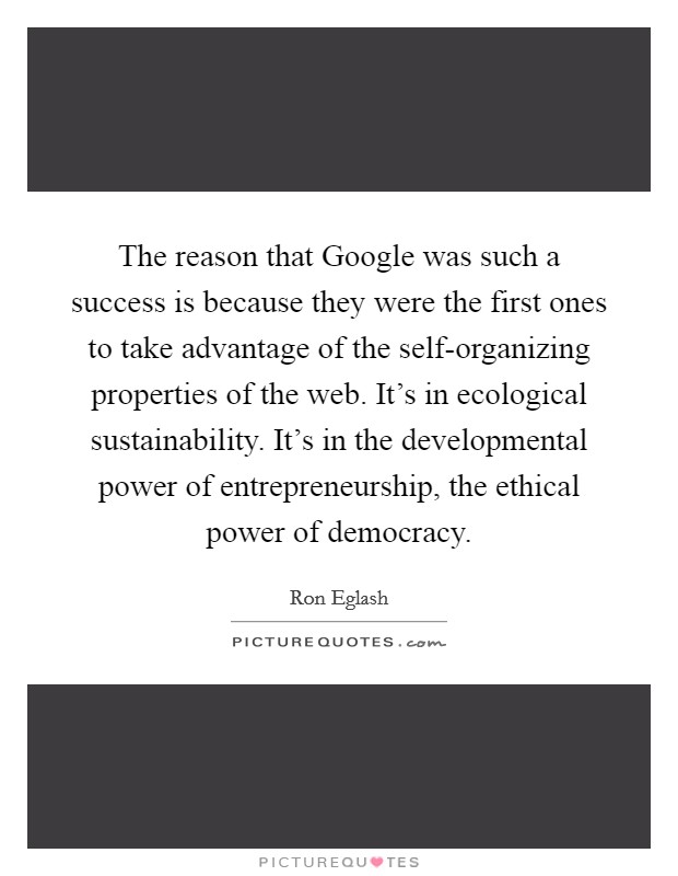 The reason that Google was such a success is because they were the first ones to take advantage of the self-organizing properties of the web. It's in ecological sustainability. It's in the developmental power of entrepreneurship, the ethical power of democracy Picture Quote #1