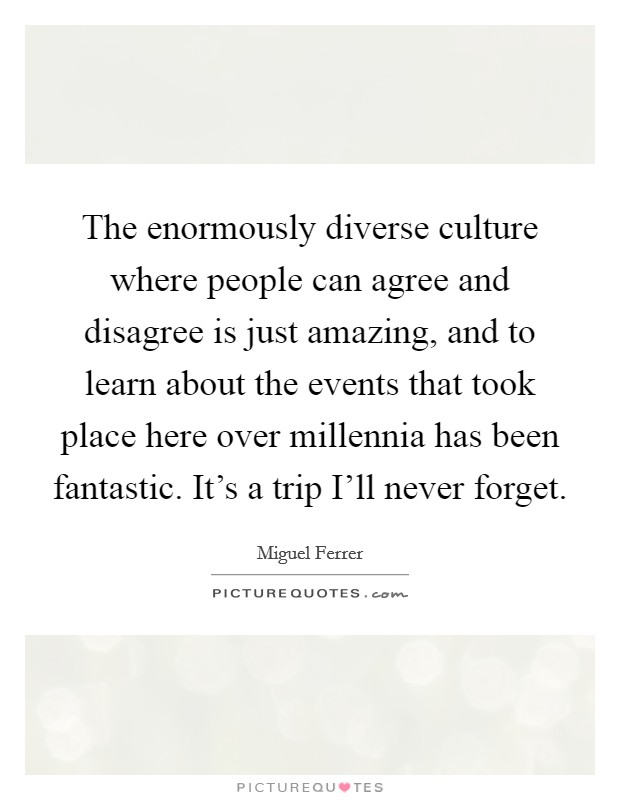 The enormously diverse culture where people can agree and disagree is just amazing, and to learn about the events that took place here over millennia has been fantastic. It's a trip I'll never forget Picture Quote #1