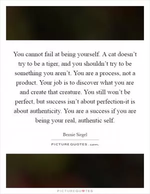 You cannot fail at being yourself. A cat doesn’t try to be a tiger, and you shouldn’t try to be something you aren’t. You are a process, not a product. Your job is to discover what you are and create that creature. You still won’t be perfect, but success isn’t about perfection-it is about authenticity. You are a success if you are being your real, authentic self Picture Quote #1