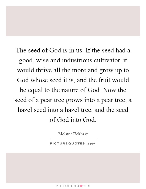 The seed of God is in us. If the seed had a good, wise and industrious cultivator, it would thrive all the more and grow up to God whose seed it is, and the fruit would be equal to the nature of God. Now the seed of a pear tree grows into a pear tree, a hazel seed into a hazel tree, and the seed of God into God Picture Quote #1