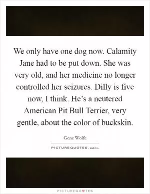 We only have one dog now. Calamity Jane had to be put down. She was very old, and her medicine no longer controlled her seizures. Dilly is five now, I think. He’s a neutered American Pit Bull Terrier, very gentle, about the color of buckskin Picture Quote #1