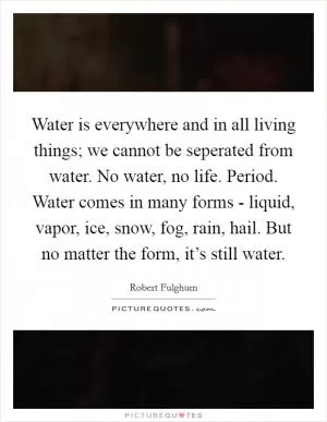 Water is everywhere and in all living things; we cannot be seperated from water. No water, no life. Period. Water comes in many forms - liquid, vapor, ice, snow, fog, rain, hail. But no matter the form, it’s still water Picture Quote #1