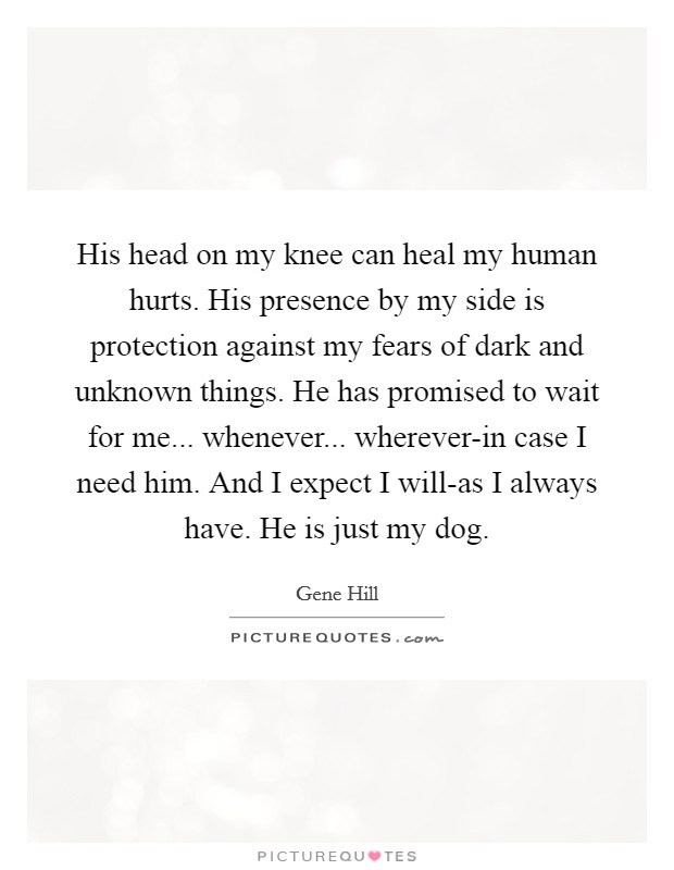 His head on my knee can heal my human hurts. His presence by my side is protection against my fears of dark and unknown things. He has promised to wait for me... whenever... wherever-in case I need him. And I expect I will-as I always have. He is just my dog Picture Quote #1