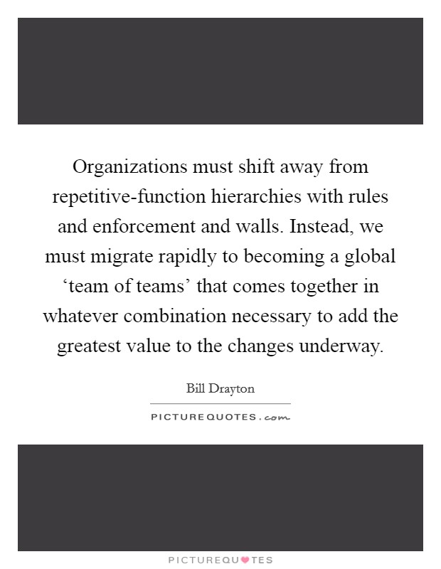 Organizations must shift away from repetitive-function hierarchies with rules and enforcement and walls. Instead, we must migrate rapidly to becoming a global ‘team of teams' that comes together in whatever combination necessary to add the greatest value to the changes underway Picture Quote #1