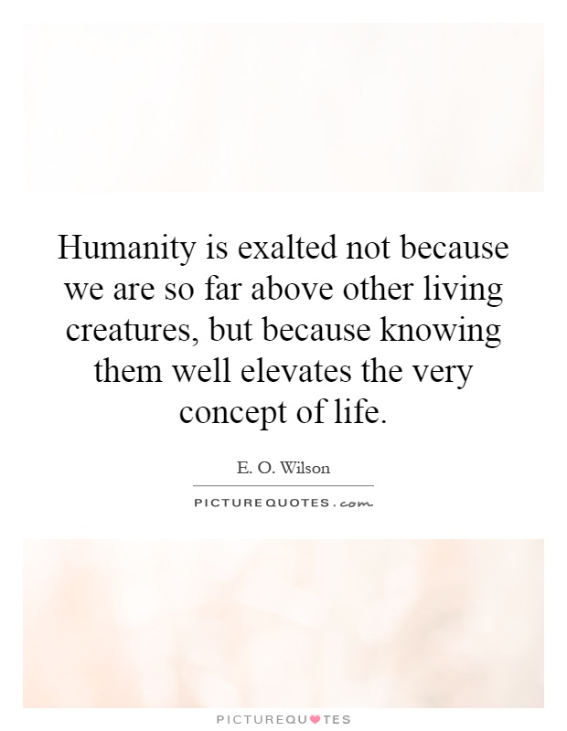 Humanity is exalted not because we are so far above other living creatures, but because knowing them well elevates the very concept of life Picture Quote #1