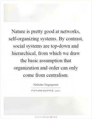 Nature is pretty good at networks, self-organizing systems. By contrast, social systems are top-down and hierarchical, from which we draw the basic assumption that organization and order can only come from centralism Picture Quote #1