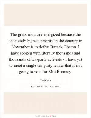 The grass roots are energized because the absolutely highest priority in the country in November is to defeat Barack Obama. I have spoken with literally thousands and thousands of tea-party activists - I have yet to meet a single tea-party leader that is not going to vote for Mitt Romney Picture Quote #1