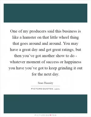 One of my producers said this business is like a hamster on that little wheel thing that goes around and around. You may have a great day and get great ratings, but then you’ve got another show to do - whatever moment of success or happiness you have you’ve got to keep grinding it out for the next day Picture Quote #1