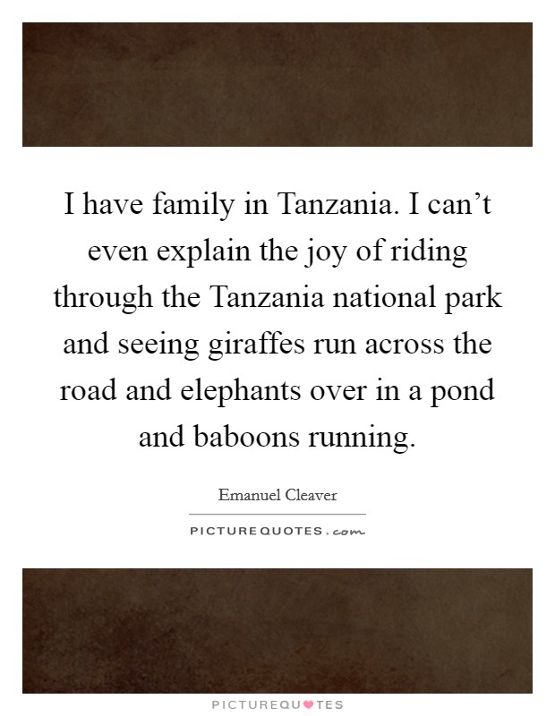 I have family in Tanzania. I can't even explain the joy of riding through the Tanzania national park and seeing giraffes run across the road and elephants over in a pond and baboons running Picture Quote #1