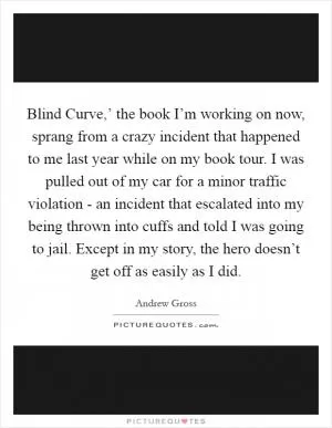 Blind Curve,’ the book I’m working on now, sprang from a crazy incident that happened to me last year while on my book tour. I was pulled out of my car for a minor traffic violation - an incident that escalated into my being thrown into cuffs and told I was going to jail. Except in my story, the hero doesn’t get off as easily as I did Picture Quote #1